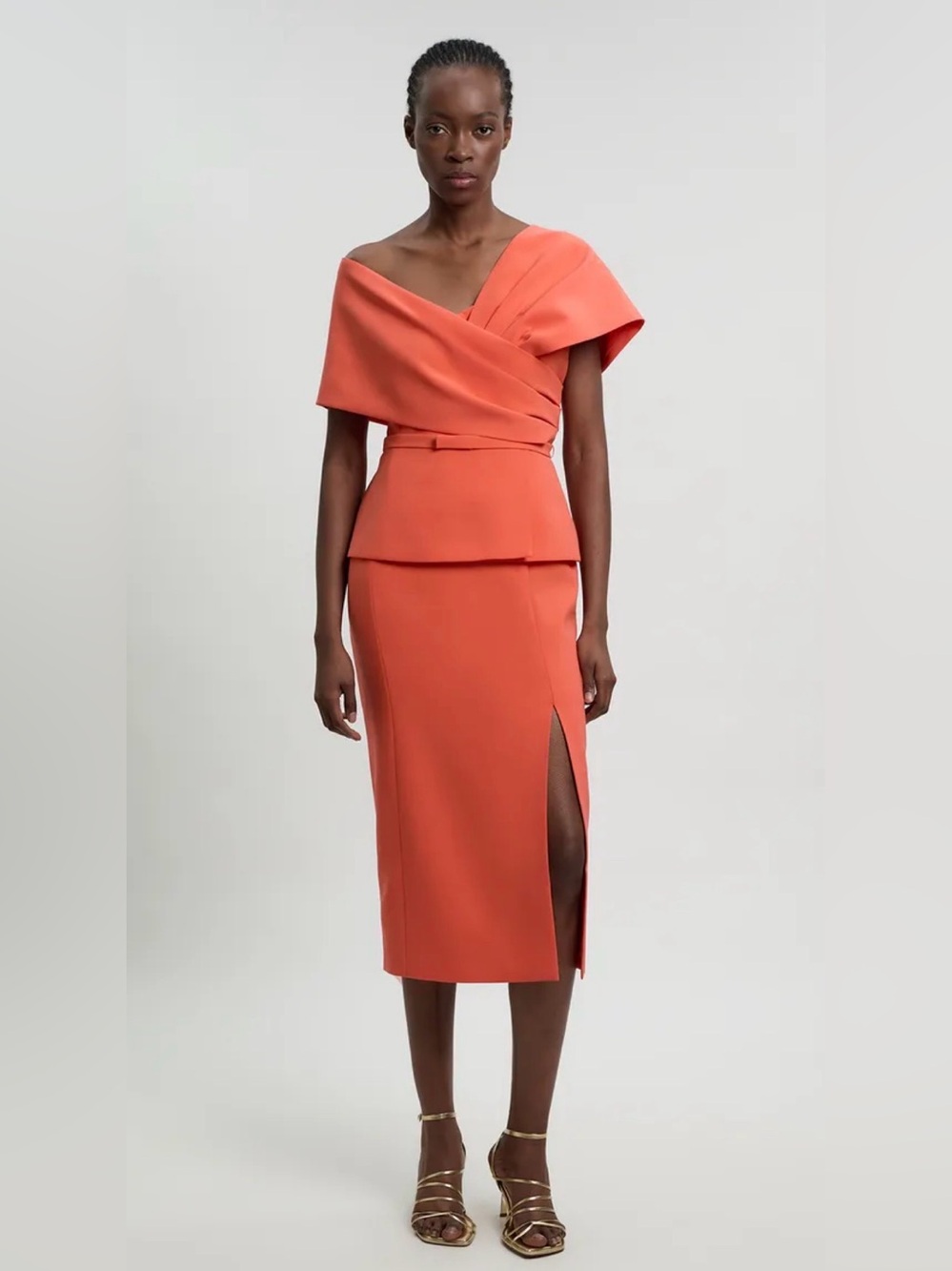 NWT Karen Millen Coral-Red Asymmetric Midi Skirt
